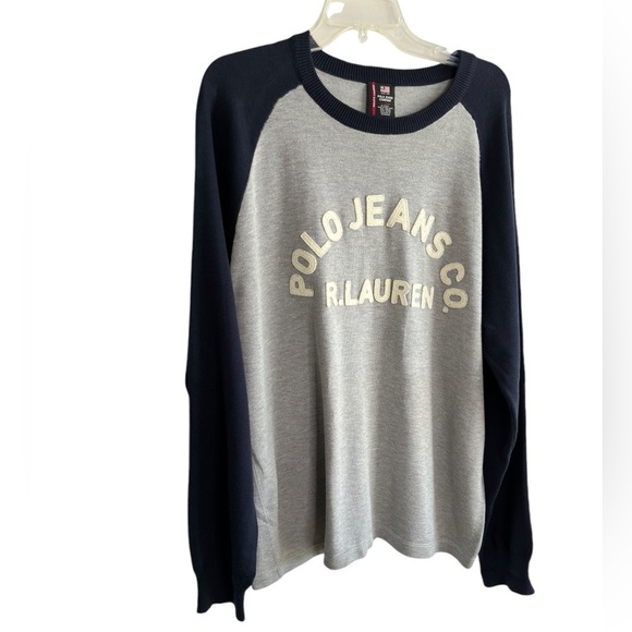 RALPH LAUREN POLO JEANS Sweater Pullover Ringer Shirt Logo Mens Large Gray Navy - Picture 3 of 11